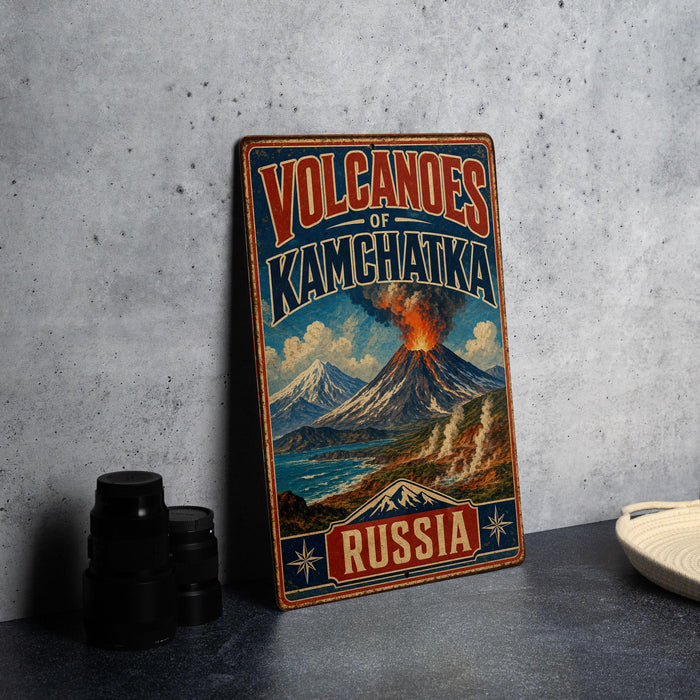 A vintage-style metal sign with the text "VOLCANoes of Kamchatka" and "RUSSIA" printed on it, depicting a volcano with a mountain in the background.