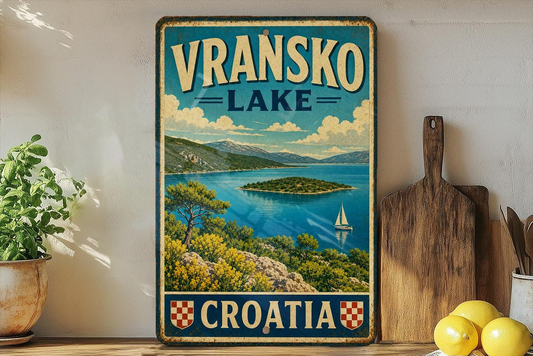 A vintage-style metal sign displaying the name "Vranksko Lake" and the word "Croatia" in bold letters, with a scenic illustration of a lake surrounded by mountains and islands.