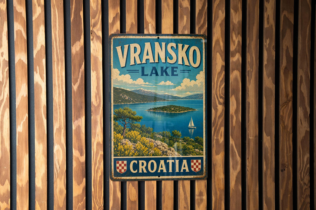 A vintage metal sign displaying the name "Vranksko Lake" and the word "Croatia" is mounted on a wooden wall.