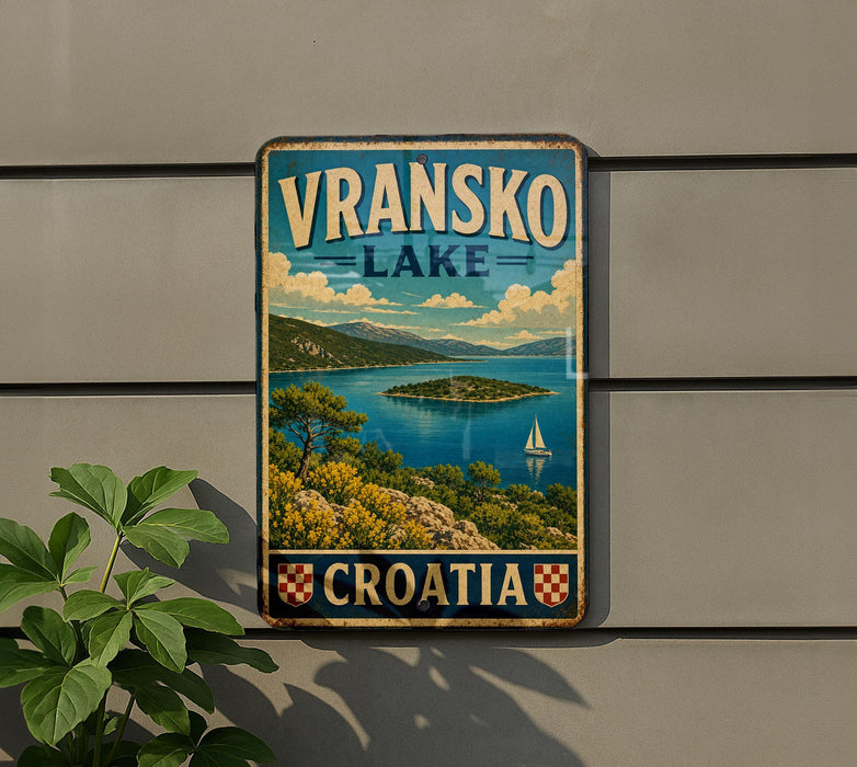 A vintage-style metal sign displaying the name "Vranksko Lake" and the word "Crotia" in Croatia, with a scenic image of the lake and mountains in the background.