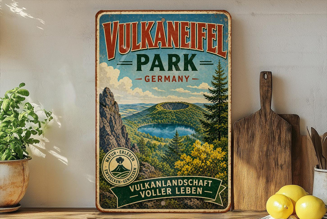 a vintage-style sign for Vulkaneefel Park, Germany, with a scenic mountain landscape and lake in the background.