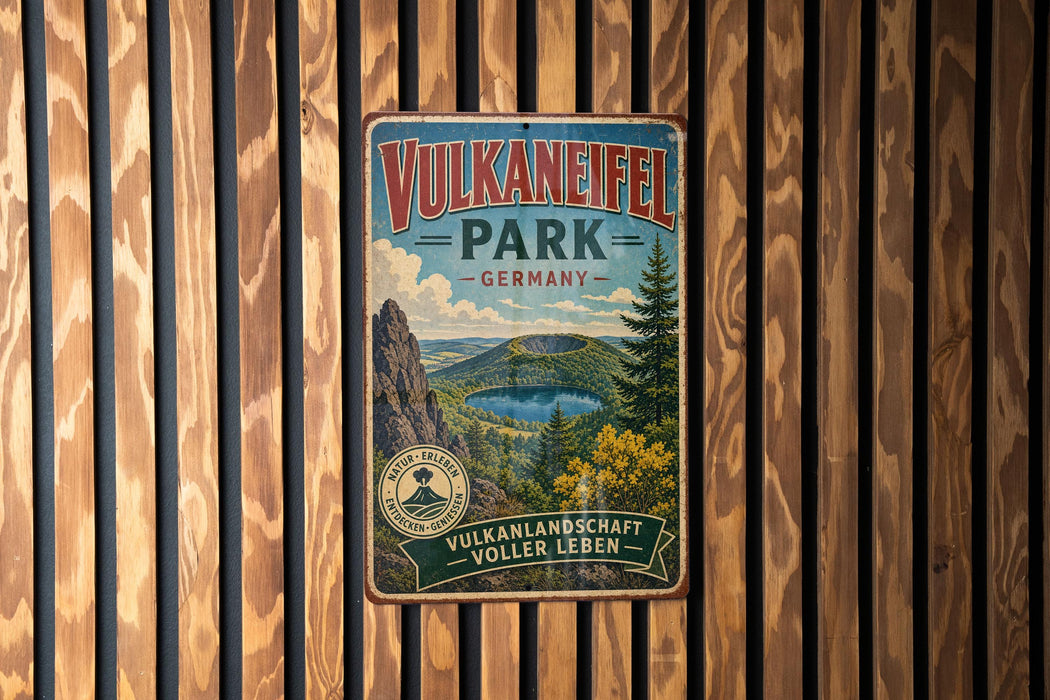 A vintage metal sign for Vulkaneifel Park in Germany, featuring a scenic landscape with a lake and mountains.