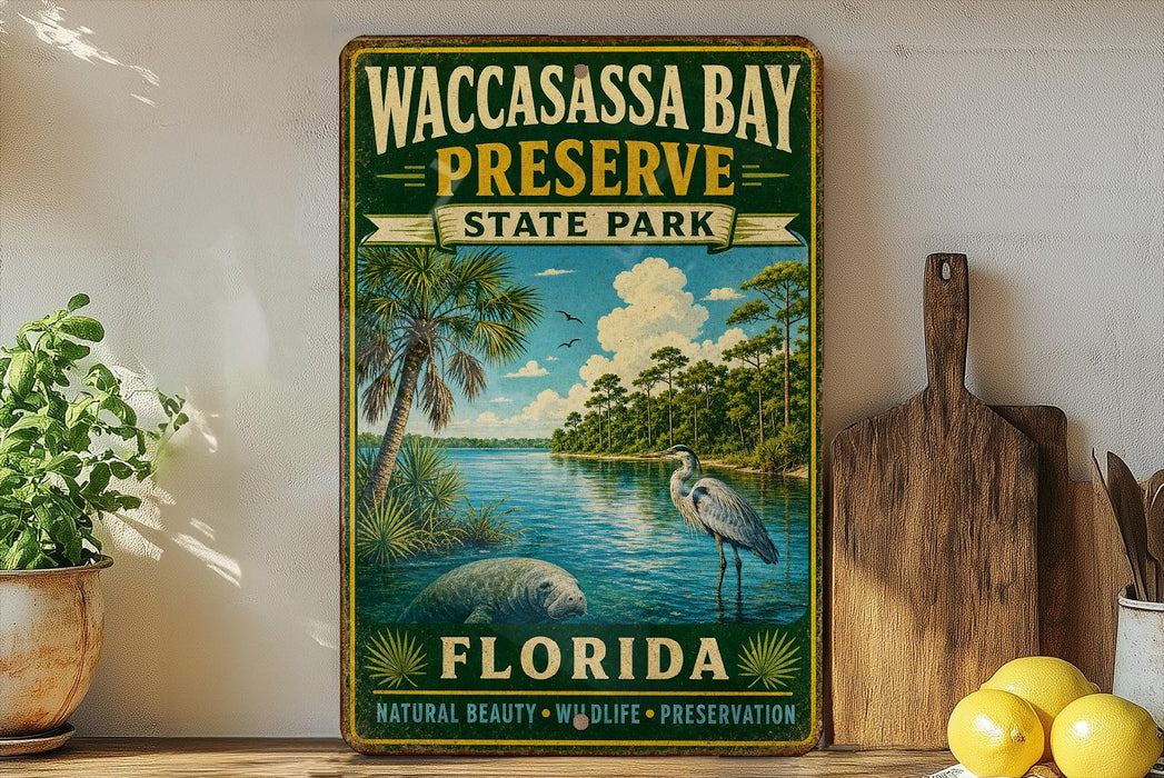 A vintage-style sign for Waccasass Bay Preserve, Florida, featuring a tropical landscape with palm trees, a bird, and a body of water.