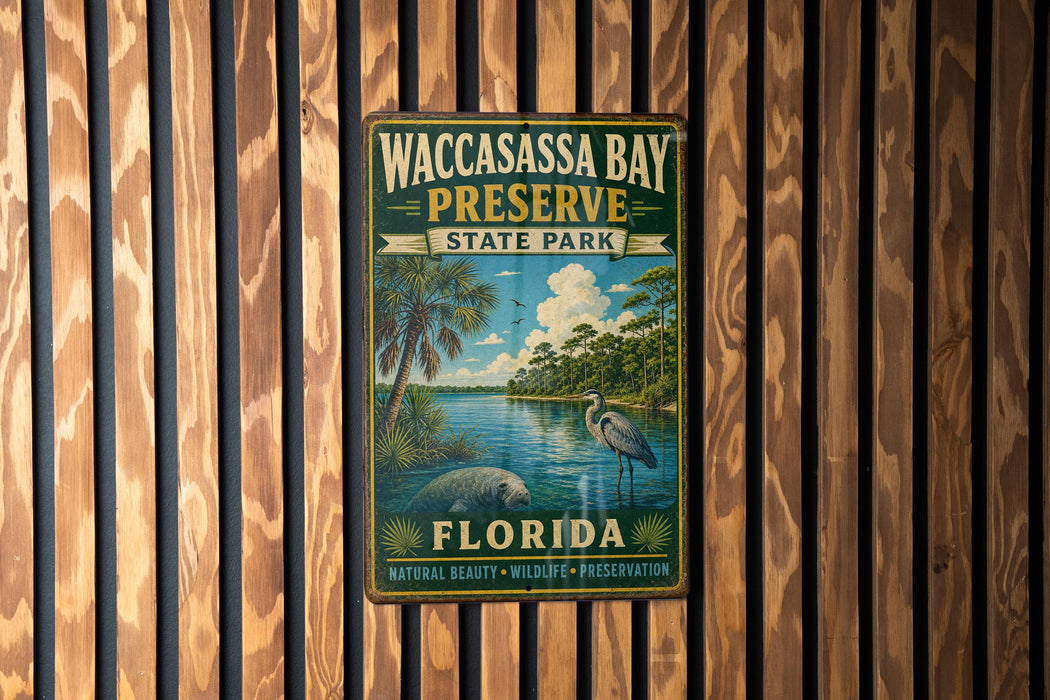 A vintage-style metal sign for Waccassass Bay Preserve, Florida, featuring a serene landscape with palm trees, a body of water, and a bird.