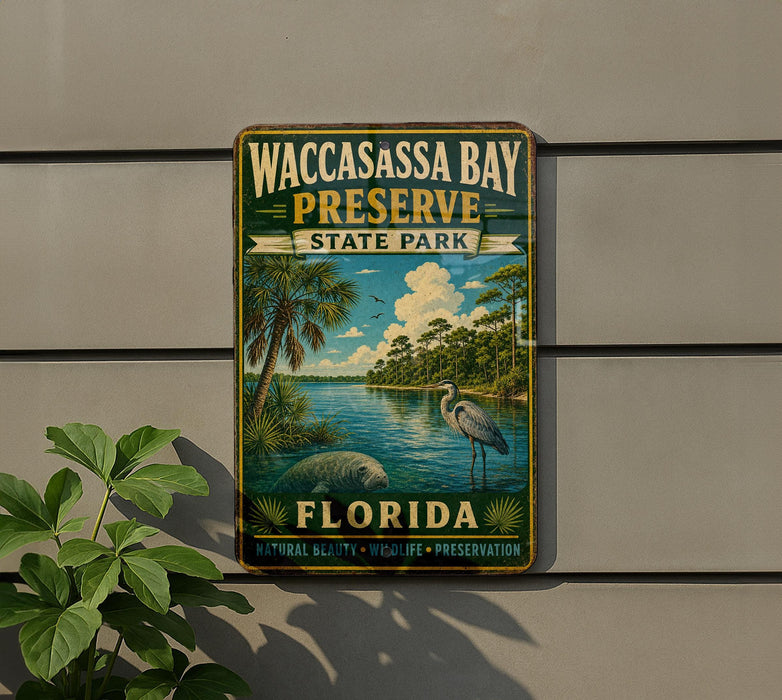 A vintage-style metal sign for Waccasass Bay Preserve, Florida, featuring a palm tree, a heron, and a body of water.