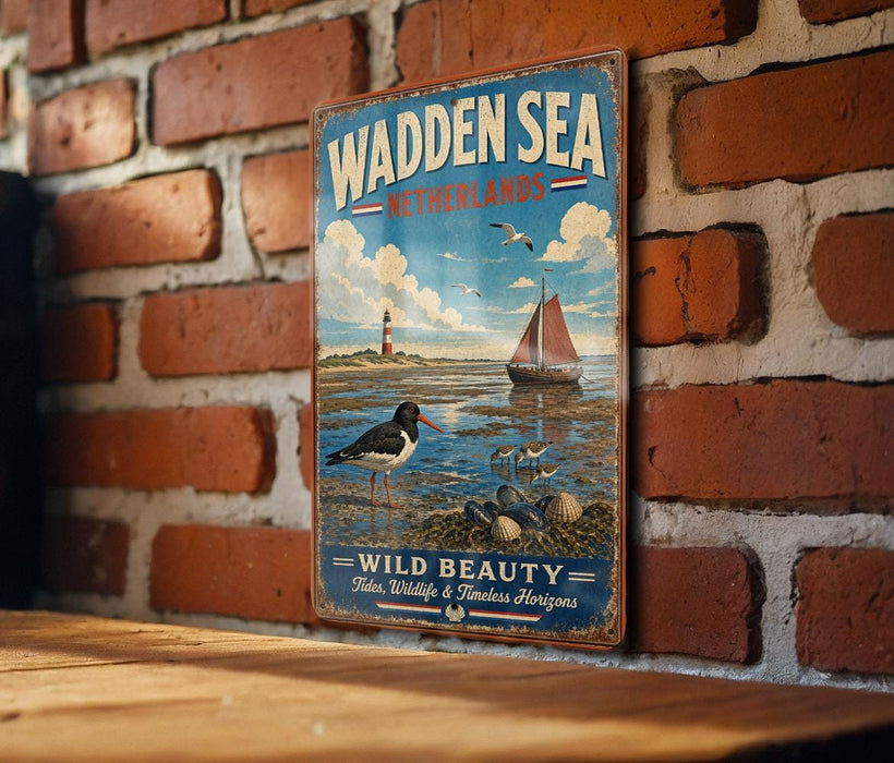 A vintage metal sign with a picture of a sailboat and a bird, mounted on a brick wall.