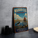 A vintage-style metal sign advertising Wadden Sea Netherlands, featuring a lighthouse, a boat, and a seagull, along with the text "Wadden Sea Netherlands" and "Wild Beauty Tides Wildlife & Timeless Horizontal".
