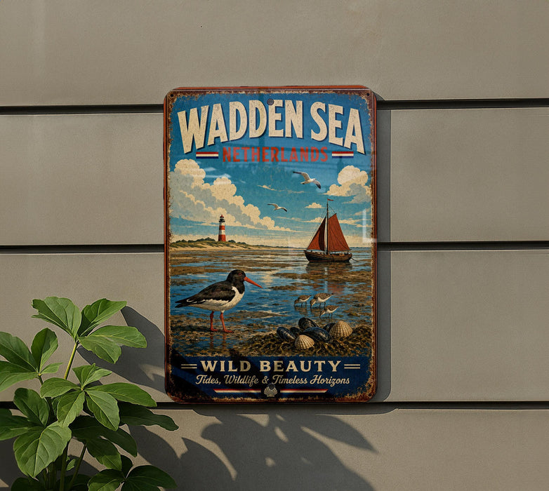 A vintage metal sign with a painting of a seascape, featuring a lighthouse, sailboats, and birds, mounted on a wall.