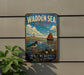 A vintage metal sign with a painting of a seascape, featuring a lighthouse, sailboats, and birds, mounted on a wall.
