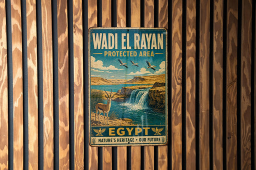 A vintage metal sign with the text "Wadi El Rayan" and "PROTECTED AREA" is displayed on a wooden wall.