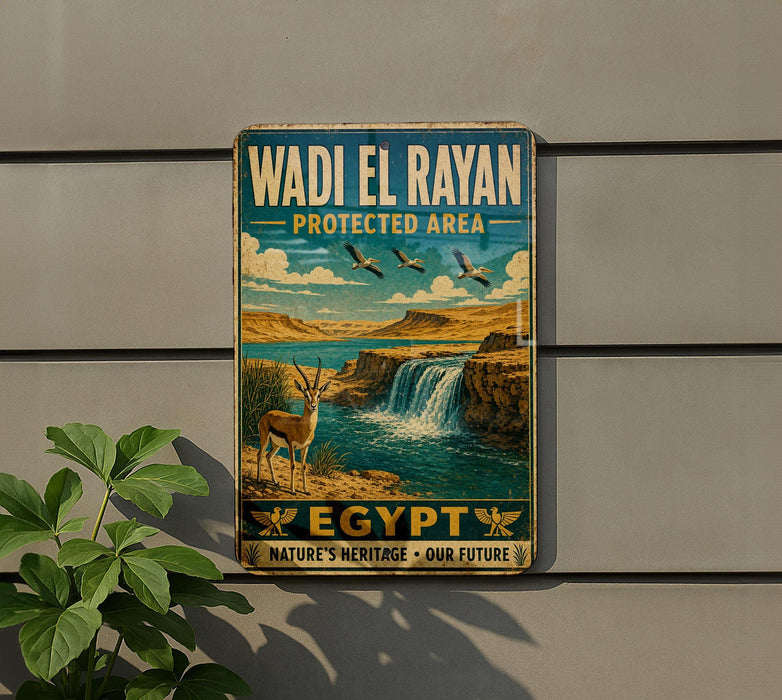 A vintage-style metal sign with the text "Wadi El Rayan" and "Protected Area" is displayed on a wall, featuring an illustration of a waterfall and a gazelle.