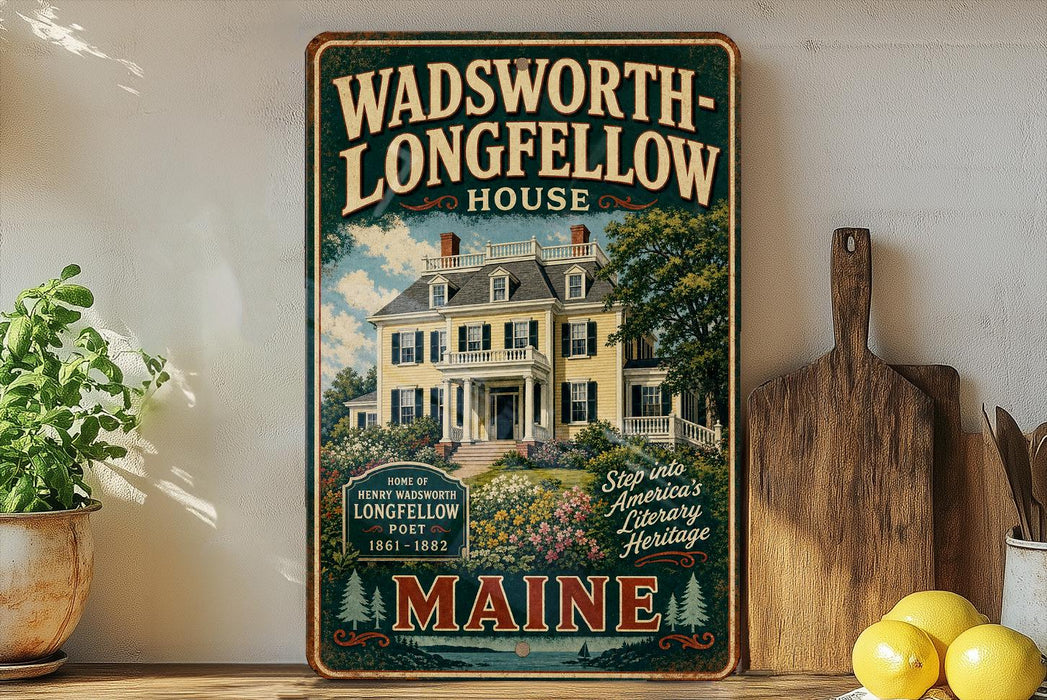 A vintage-style metal sign for the Wadsworth Longfellow House in Maine, featuring an illustration of the house surrounded by trees and flowers.