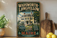 A vintage-style metal sign for the Wadsworth Longfellow House in Maine, featuring an illustration of the house surrounded by trees and flowers.