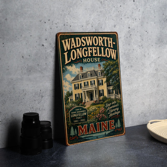 A vintage-style metal sign for the Wadsworth Longfellow House in Maine, featuring an illustration of the house and the text "Wadsworth Longfellow House Maine".