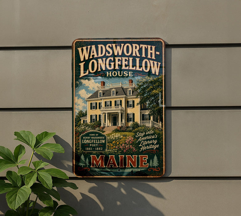 A vintage metal sign for the Wadsworth Longfellow House in Maine, featuring an illustration of the historic home surrounded by a garden.