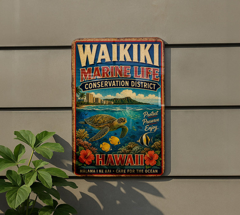 A vintage metal sign for the Waikiki Marine Life Conservation District in Hawaii, featuring a colorful illustration of a sea turtle, coral, and tropical fish.