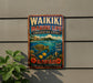 A vintage metal sign for the Waikiki Marine Life Conservation District in Hawaii, featuring a colorful illustration of a sea turtle, coral, and tropical fish.