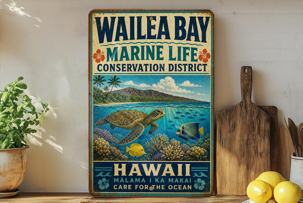 A vintage metal sign for Wailea Bay Marine Life Conservation District in Hawaii, featuring a colorful illustration of a sea turtle swimming among tropical fish and coral.