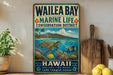 A vintage metal sign for Wailea Bay Marine Life Conservation District in Hawaii, featuring a colorful illustration of a sea turtle swimming among tropical fish and coral.