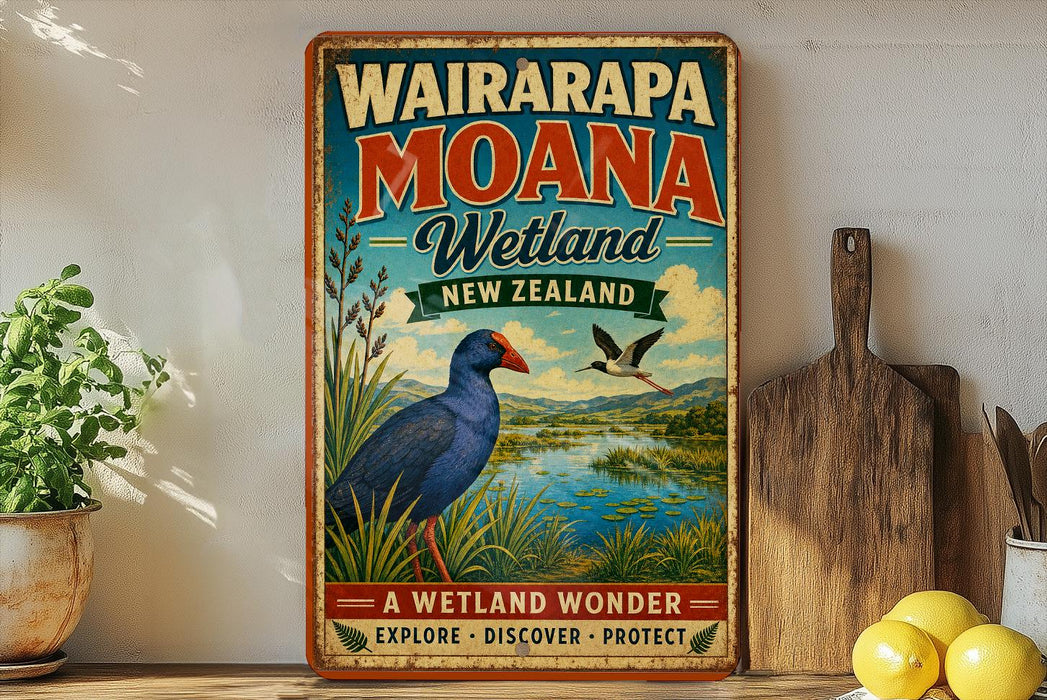 A vintage-style sign for Wairarapa Moana Wetland in New Zealand, featuring a blue bird and a scenic landscape.