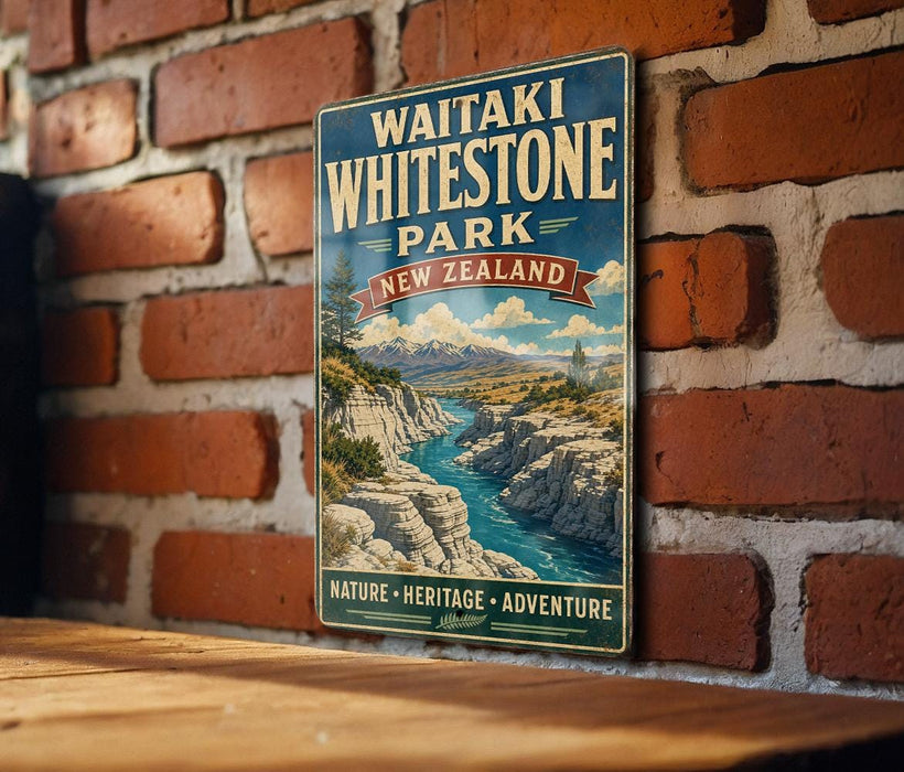 A vintage-style metal sign for Waikiki Whitestone Park in New Zealand, featuring a scenic landscape with a river and mountains.