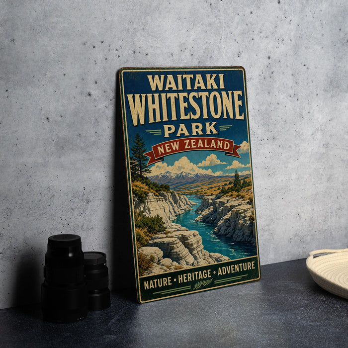 A vintage-style metal sign for Waitaki Whitestone Park in New Zealand, featuring a scenic landscape with mountains, a river, and lush vegetation.