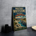 A vintage-style metal sign for Waitaki Whitestone Park in New Zealand, featuring a scenic landscape with mountains, a river, and lush vegetation.