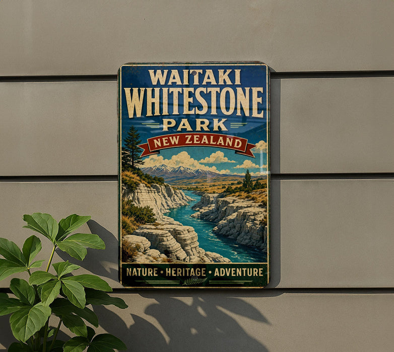 A vintage-style metal sign for Waitaki Whitestone Park in New Zealand, featuring a scenic landscape with mountains, a river, and lush vegetation.
