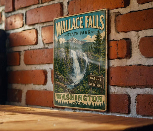 A vintage-style sign for Wallace Falls State Park in Washington, featuring a waterfall and forest landscape.