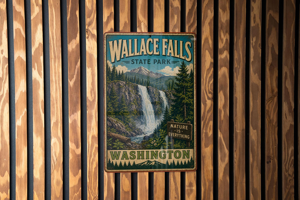 A vintage metal sign for Wallace Falls State Park in Washington, featuring a waterfall and forest landscape.