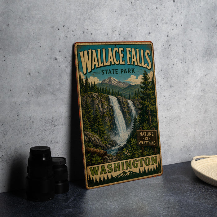 A vintage-style metal sign for Wallace Falls State Park in Washington, featuring a waterfall and forest landscape.