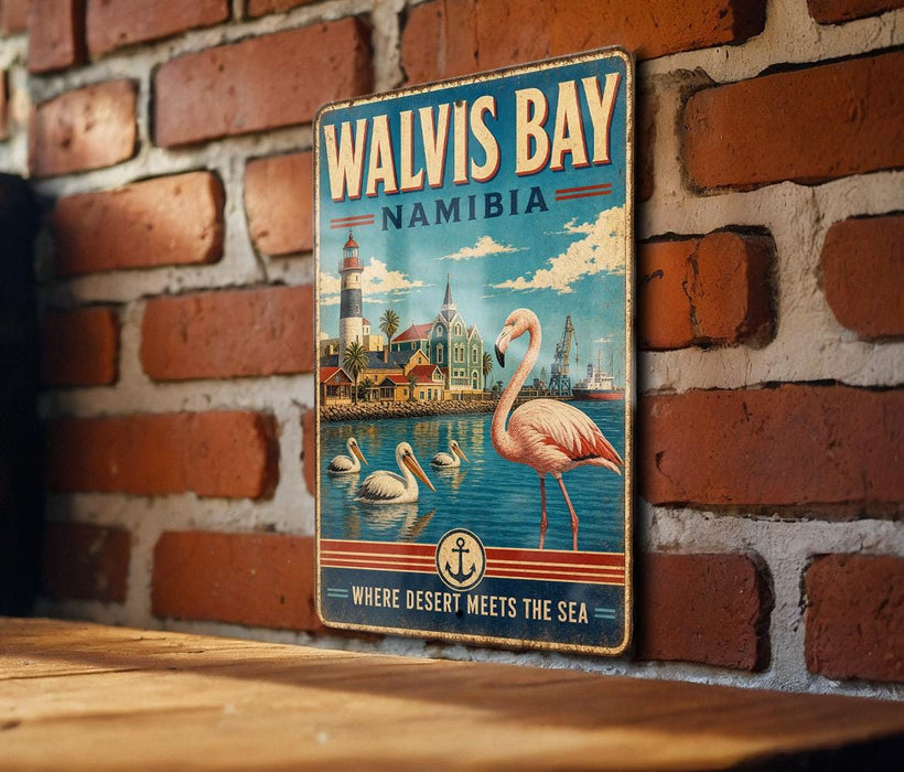 A vintage-style metal sign with the text "WALVIS BAY NAMIBIA" and an illustration of a pink flamingo in a body of water, with a lighthouse in the background.