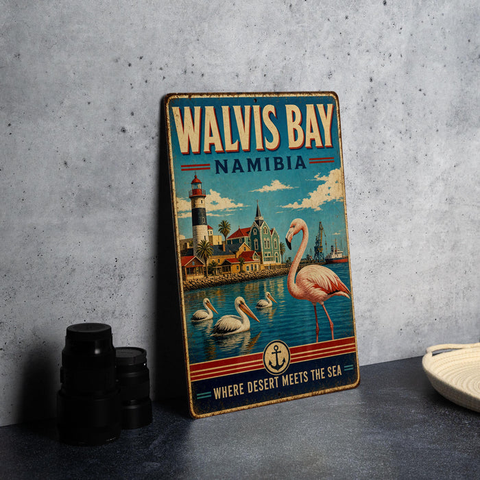 A vintage metal sign for Walvis Bay, Namibia, featuring a flamingo and a lighthouse, with the text "WALVIS BAY NAMIBIA" and "WHERE DESERT MEETS THE SEA".