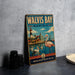 A vintage metal sign for Walvis Bay, Namibia, featuring a flamingo and a lighthouse, with the text "WALVIS BAY NAMIBIA" and "WHERE DESERT MEETS THE SEA".