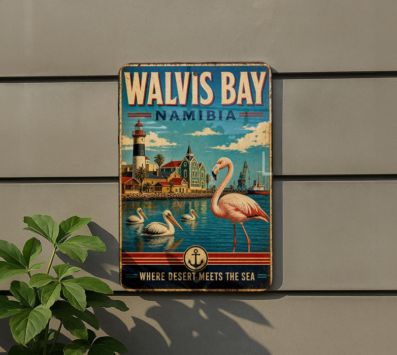 A vintage metal sign for Walvis Bay, Namibia, featuring a pink flamingo, a lighthouse, and a coastal town.