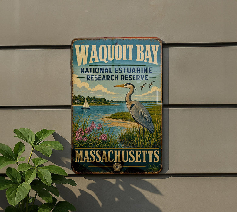 A metal sign on a wall that reads "Waqoit Bay National Estuarine Research Reserve" and "Massachusetts", with a bird illustration.