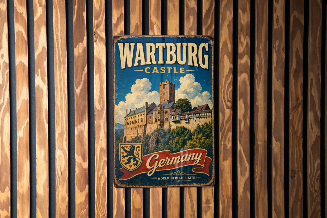 A vintage metal sign for Wartburg Castle, featuring a castle illustration and the text "Wartburg Castle Germany" in a decorative font.