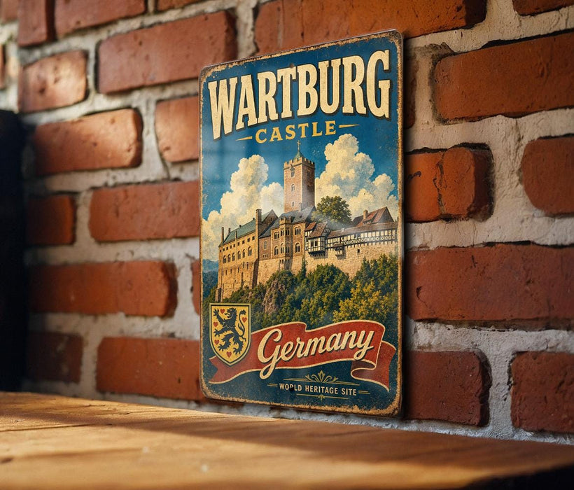 A vintage metal sign displaying the name "WARTBURG CASTLE" and the word "GERMANY" is hanging on a brick wall.