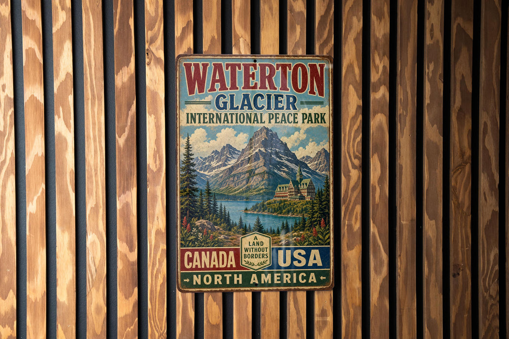 A vintage-style metal sign for Waterton Glacier International Peace Park, featuring a scenic mountain landscape with a lake and forest.