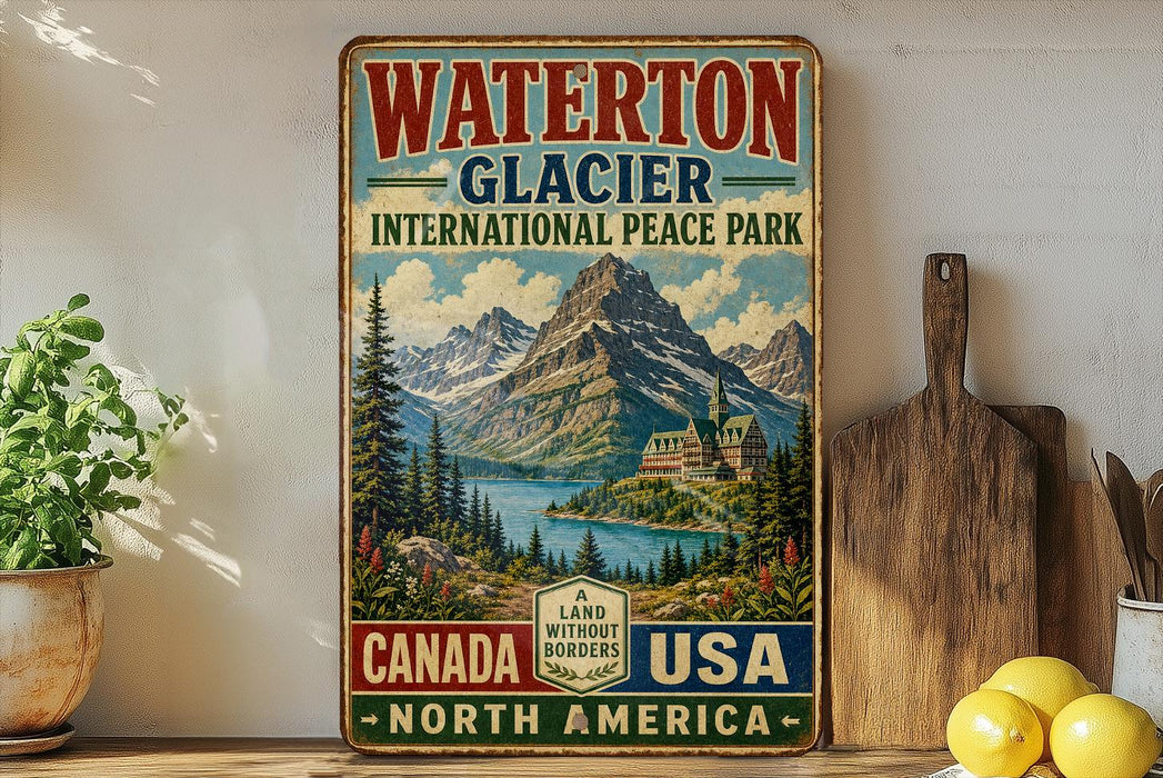 A vintage-style sign for Waterton Glacier International Peace Park, featuring a scenic mountain landscape with a lake and a castle in the distance.