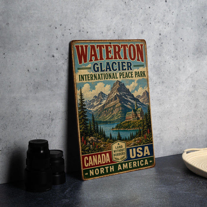 A vintage-style metal sign for Waterton Glacier International Peace Park, featuring a scenic mountain landscape and text indicating the park is located in Canada and the USA.