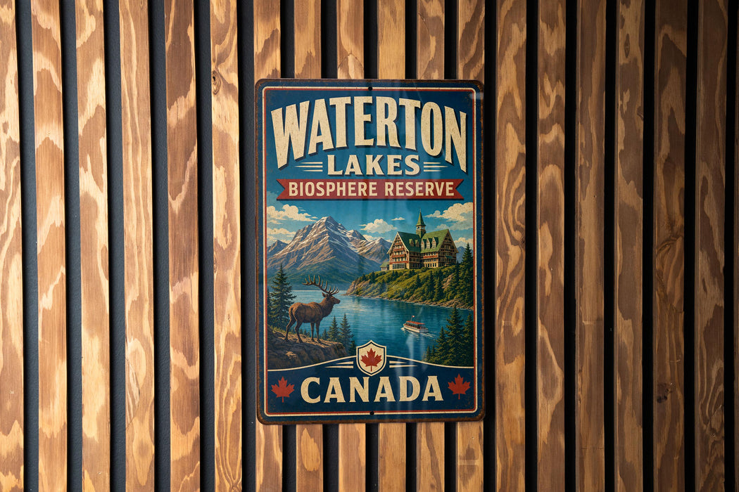 A vintage-style metal sign for Waterton Lakes Biosphere Reserve in Canada, featuring a scenic landscape with mountains, a lake, and a deer.