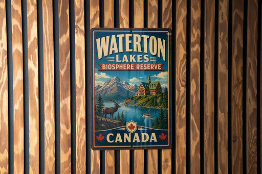 A vintage-style metal sign for Waterton Lakes Biosphere Reserve in Canada, featuring a scenic landscape with mountains, a lake, and a deer.