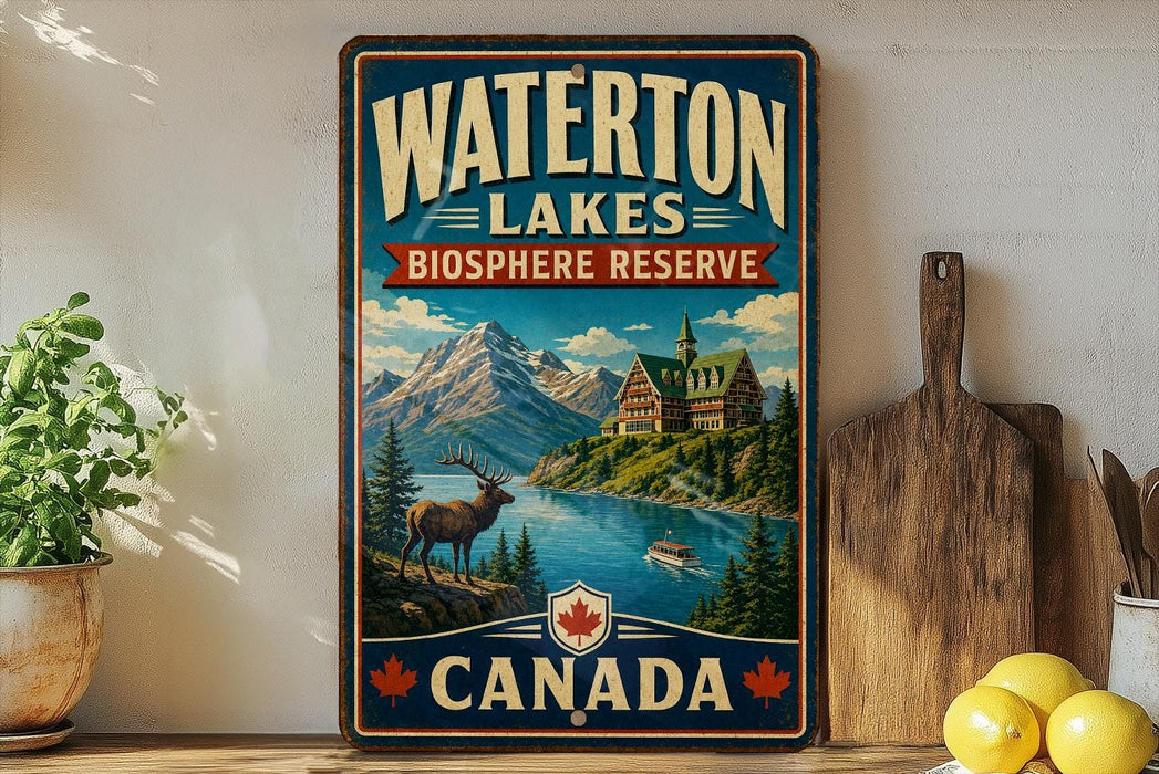 A vintage-style sign for Waterton Lakes Biosphere Reserve in Canada, featuring a scenic landscape with mountains, a lake, and a lodge.