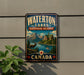A vintage-style sign for Waterton Lakes Biosphere Reserve in Canada, featuring a scenic landscape with mountains, a river, and a deer.