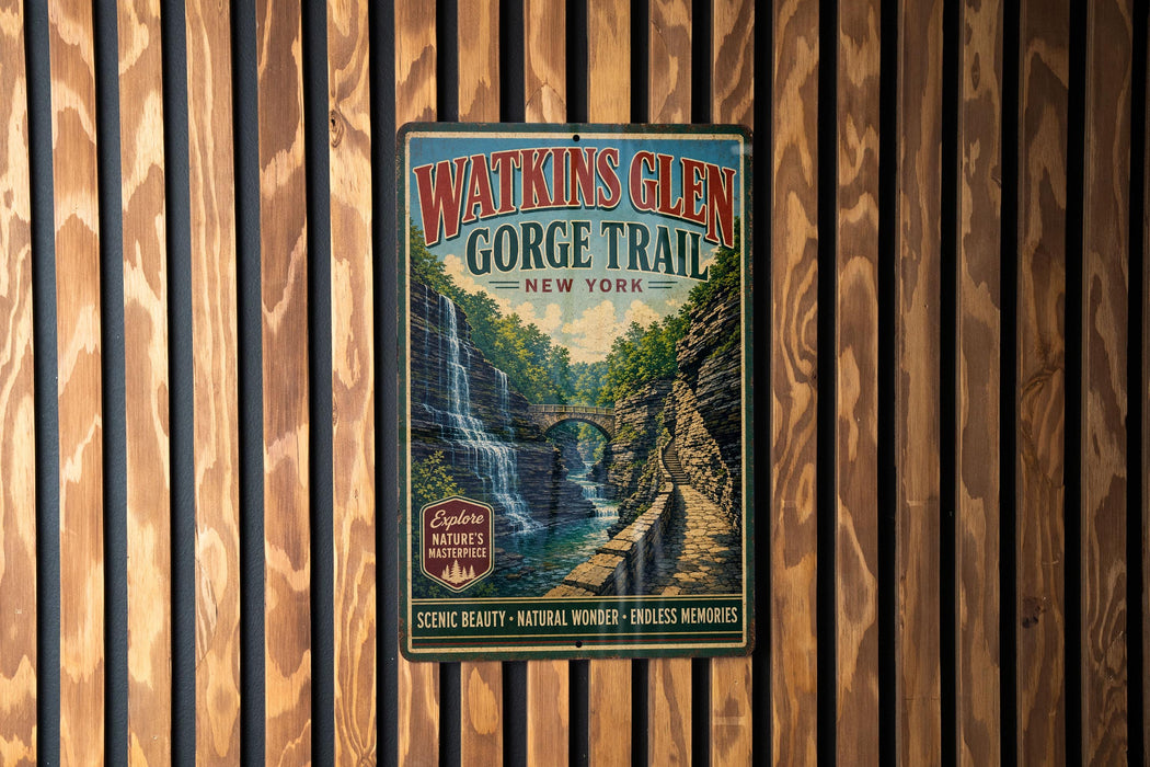 A vintage metal sign for Watkins Glen Gorge Trail in New York, featuring a scenic image of a waterfall surrounded by lush greenery.