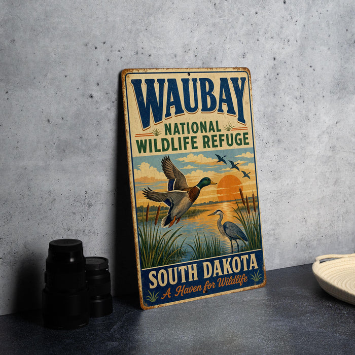 A vintage-style sign for the Waubay National Wildlife Refuge in South Dakota, featuring illustrations of ducks and other wildlife.