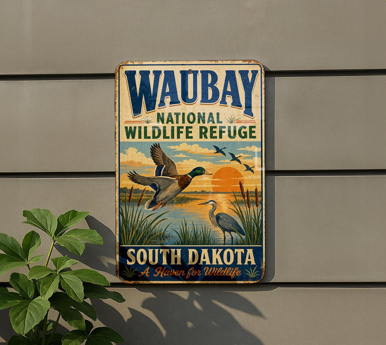 A vintage metal sign for Waubay National Wildlife Refuge in South Dakota, featuring an illustration of ducks and other wildlife in a natural setting.