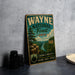 A vintage-style metal sign for Wayne National Forest, Ohio, featuring a scenic landscape with a river, cliffs, and pine trees.