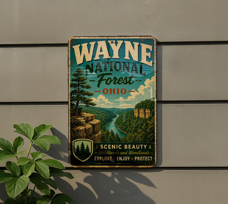 A vintage-style metal sign for Wayne National Forest in Ohio, featuring a scenic landscape with a river, cliffs, and pine trees.